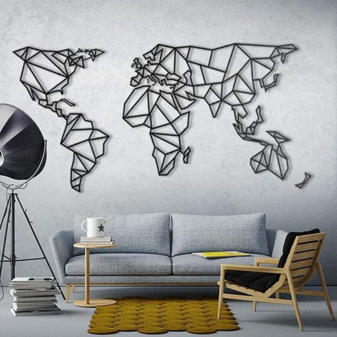 Metal World Map, 2 Pieces Geometric World Map Decor, Home Living